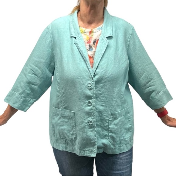 Eileen Fisher Aqua Blue Linen 3/4 Sleeve Button Front Blazer Jacket Women’s 1X - Picture 1 of 11